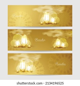 Set of three ramadan banner background for greeting card, web header, presentation design, social media cover sale promotion
