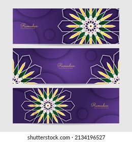Set of three ramadan banner background for greeting card, web header, presentation design, social media cover sale promotion
