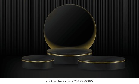 Set of three realistic 3D black cylinder pedestal podium set with dark curtains background. Vector abstract minimal wall scene for products stage showcase, Promotion display. stock illustration