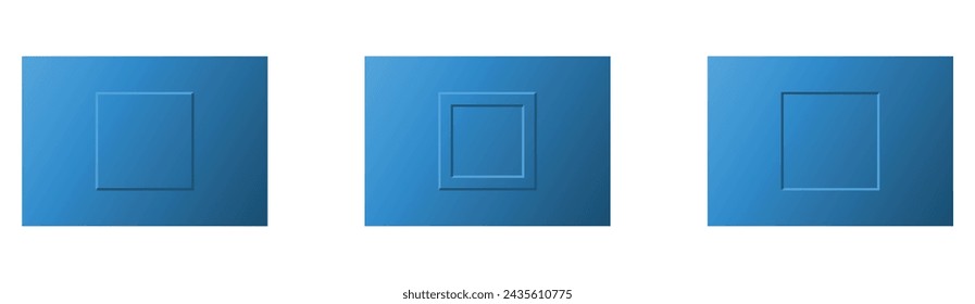 Conjunto de tres marcos de rectángulo de color azul 3D realista aislado sobre fondo blanco. Diseño de forma rectangular exterior e interior en relieve en color azul. Diseño abstracto de la forma del vector 3D como panel de control.