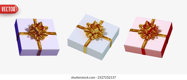 Conjunto de três realistas 3d caixa de presente em cores pastel macias com arcos dourados inchados. Coleção de caixas de presentes quadrados. Ilustração vetorial