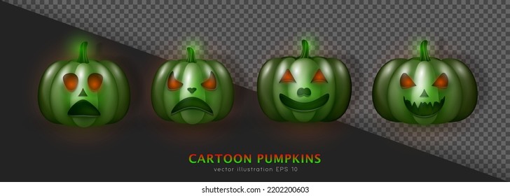 Set of three realistic 3d green zombie pumpkins with angry faces and red eyes. Cartoon creepy Halloween poisoned squash. Horror carved turnip, gourd. Vector spooky Jack-o-lanterns with green lighting