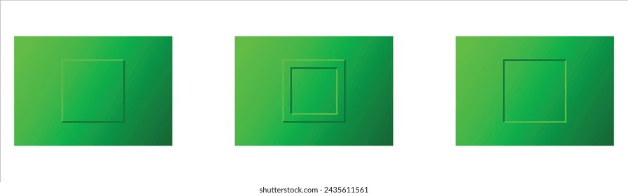 Set of Three Realistic 3D Green Colour Rectangle Frame Isolated on White Background. Outer and Inner Emboss Rectangle Shape Design on Green Colour. Abstract Vector 3D Shape Design Like Switchboard.