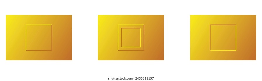 Conjunto de tres marcos de rectángulo de color amarillo 3D realistas aislados sobre fondo blanco. Diseño de forma rectangular exterior e interior en relieve en color amarillo. Diseño abstracto de la forma del vector 3D como panel de control.