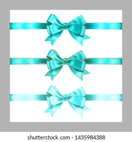 Set of three realistic azure silk ribbon bow with gold glitter shiny stripes, vector illustration elements isolated on white, for decoration, promotion,advetrisment,sale or celebration banner or card.