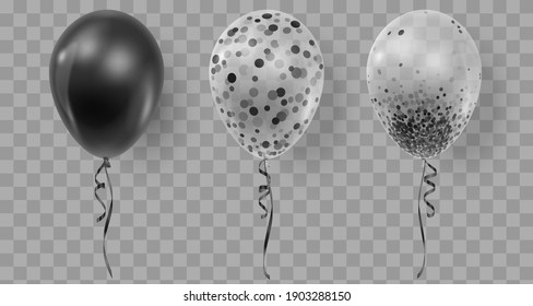 Set of three realistic ballons, black, transparent with confetti, paper circles and ribbons. Vector illustration for card, party, design, flyer, poster, decor, banner, web, advertising. 
