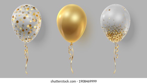 Set of three realistic ballons, gold, transparent with golden confetti, paper circles and ribbons. Vector illustration for card, party, design, flyer, poster, decor, banner, web, advertising. 