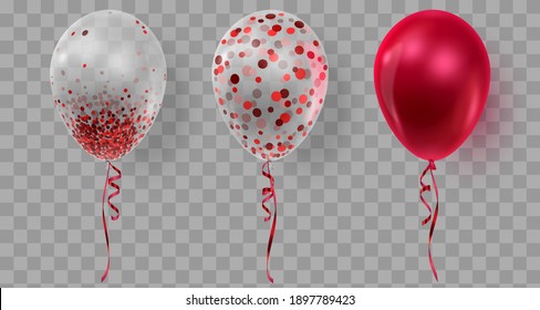 Juego de tres globos realistas, rojo, transparente con confeti, círculos de papel y cintas. Ilustración vectorial para tarjeta, fiesta, diseño, volante, afiche, decoración, banner, web, publicidad. 