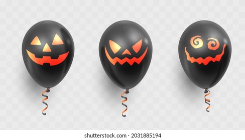 Satz von drei realistischen schwarzen Ballons mit roten, gruseligen Gesichtern und Bändern einzeln auf transparentem Hintergrund. Vektorgrafik für Karte, Halloween Party, Design, Flyer, Poster, Banner, Web, Werbung. 