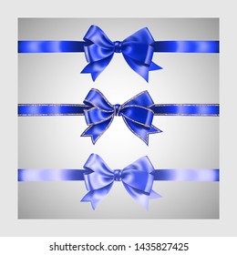 Set of three realistic blue silk ribbon bow with gold glitter shiny stripes, vector illustration elements, for decoration, promotion, advetrisment, sale or celebration banner or card.