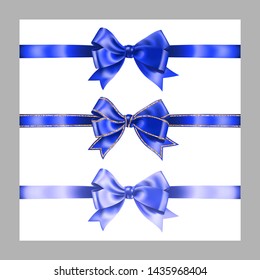Set of three realistic blue silk ribbon bow with gold glitter shiny stripes, vector illustration elements isolated on white, for decoration, promotion,advetrisment,sale or celebration banner or card.