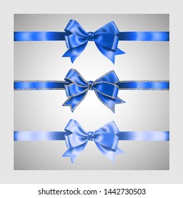 Set of three realistic blue silk ribbon bow with gold glitter shiny stripes, vector illustration elements, for decoration, promotion, advetrisment, sale or celebration banner or card.