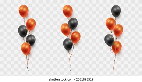 Set of three realistic bouquets of black, red, ginger balloons and ribbons isolated on transparent. Vector illustration for card, Halloween party, design, flyer, poster, banner, web, advertising.