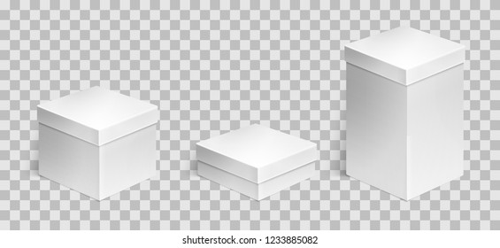 Set of three realistic cardboard boxes over transparent background. Set of cosmetic or medical packaging. For Software, electronic device and other products or gifts. Design template. Vector illustrat