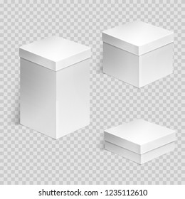 Set of three realistic cardboard boxes over transparent background. Set of cosmetic or medical packaging. For Software, electronic device and other products or gifts. Design template. Vector