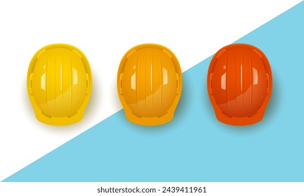 Conjunto de tres cascos de construcción realista en diferentes colores. Ilustración vectorial.