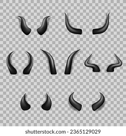 Set of three realistic three dimensional devil horns. Black glossy daemon horns isolated on transparent background. Satan decoration, Monster carnival element. Vector illustration EPS 10