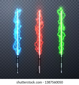 Set of three realistic electric light swords isolated on transparent background. Vector illustration.