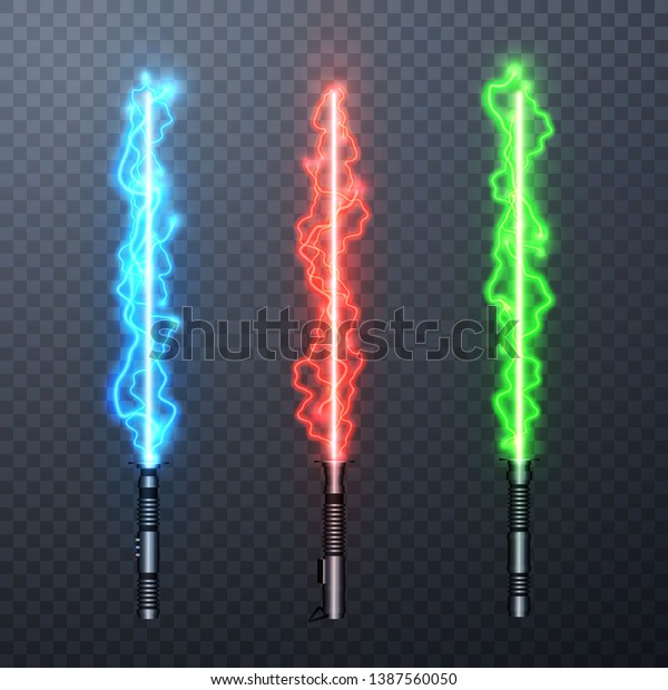 Set of three realistic\
electric light swords isolated on transparent background. Vector\
illustration.