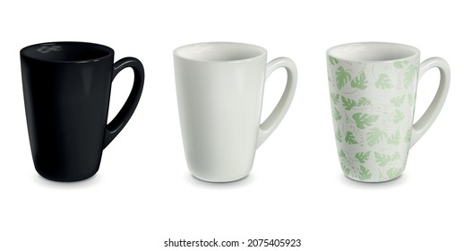 Set of three realistic empty black white and with floral pattern porcelain cups isolated on blank background vector illustration