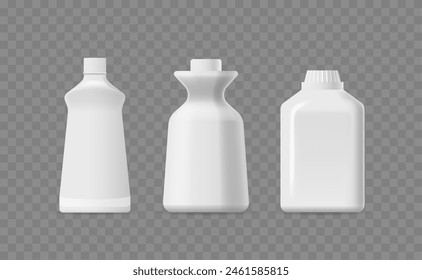 Set Of Three Realistic, Empty Plastic Detergent Bottles Isolated On A Transparent Background, 3d Vector Illustration