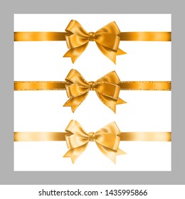 Set of three realistic golden silk ribbon bow with gold glitter shiny stripes, vector illustration elements isolated on white, for decoration, promotion, advetrisment, sale or celebration banner.