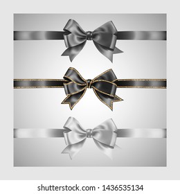 Set of three realistic gray black and white silk ribbon bow with gold glitter shiny stripes, vector illustration, for decoration, promotion, advetrisment.