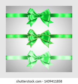 Set of three realistic green silk ribbon bow with gold glitter shiny stripes, vector illustration elements, for decoration, promotion, advetrisment, sale or celebration banner or card.