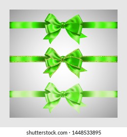 Set of three realistic green silk ribbon bow with gold glitter shiny stripes, vector illustration elements, for decoration, promotion, advetrisment, sale or celebration banner or card.