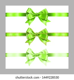 Set of three realistic lattice green silk ribbon bow with gold glitter shiny stripes, vector illustration elements isolated on white, for decoration, promotion, advetrisment, sale or celebration .