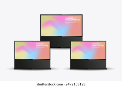 Set of three realistic LED mock-up screen prominently displaying a gradient background. three screens is placed at the center.