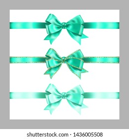 Set of three realistic light blue silk ribbon bow with gold glitter shiny stripes, vector illustration elements isolated on white, for decoration, promotion, advetrisment, sale or celebration banner.