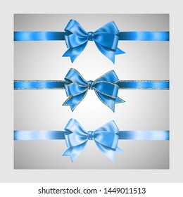 Set of three realistic light blue silk ribbon bow with gold glitter shiny stripes, vector illustration elements, for decoration, promotion, advetrisment, sale or celebration banner or card.