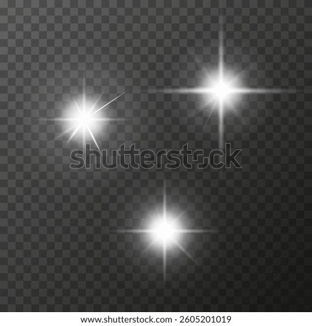 Set of three realistic light flares, on transparent background. Bright glow with diffused light effect. Perfect for adding glow, flare or starlight effects. EPS10 vector illustration.