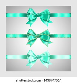 Set of three realistic light green silk ribbon bow with gold glitter shiny stripes, vector illustration elements, for decoration, promotion, advetrisment, sale or celebration banner or card.