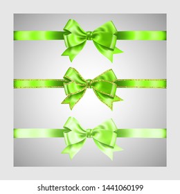 Set of three realistic light green silk ribbon bow with gold glitter shiny stripes, vector illustration elements, for decoration, promotion, advetrisment, sale or celebration banner or card.