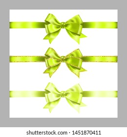 Set of three realistic light green silk ribbon bow with gold glitter shiny stripes, vector illustration elements isolated on white, for decoration, promotion, advetrisment, sale or celebration.