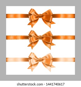 Set of three realistic light orange silk ribbon bow with gold glitter shiny stripes, vector illustration elements isolated on white,for decoration, promotion, advetrisment, sale or celebration banner.