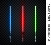 Set of three realistic light swords isolated on transparent background. Vector illustration.