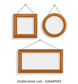 Set of three realistic luxury interior frames of different shape made with dark wood hanging on wall with shadows isolated vector illustration