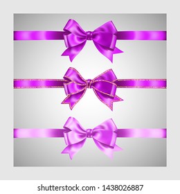 Set of three realistic magenta pink silk ribbon bow with gold glitter shiny stripes, vector illustration elements, for decoration, promotion, advetrisment, sale or celebration banner or card.