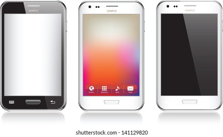 Set of three realistic mobile phone isolated on white background
