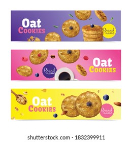 Set of three realistic oat cookies horizontal banners with editable brand name text and biscuit images vector illustration