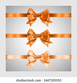 Set of three realistic orange silk ribbon bow with gold glitter shiny stripes, vector illustration elements, for decoration, promotion, advetrisment, sale or celebration banner or card.
