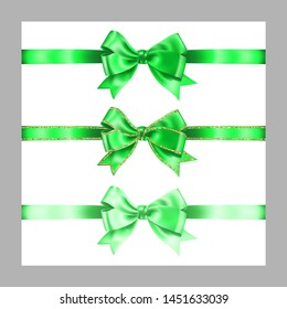 Set of three realistic pale green silk ribbon bow with gold glitter shiny stripes, vector illustration elements isolated on white, for decoration, promotion, advetrisment, sale or celebration banner.