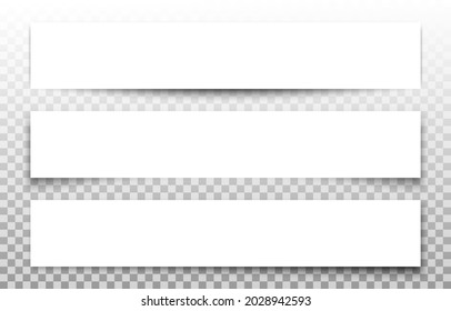 Set of three realistic paper white banners with shadow isolated on transparent background. Horizontal blank sheets. Mockup template for advertising, poster, brochure. Vector illustration