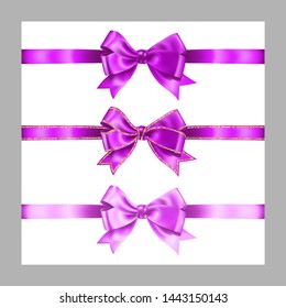 Set of three realistic pink violet silk ribbon bow with gold glitter shiny stripes, vector illustration elements isolated on white, for decoration, promotion, advetrisment, sale or celebration banner.