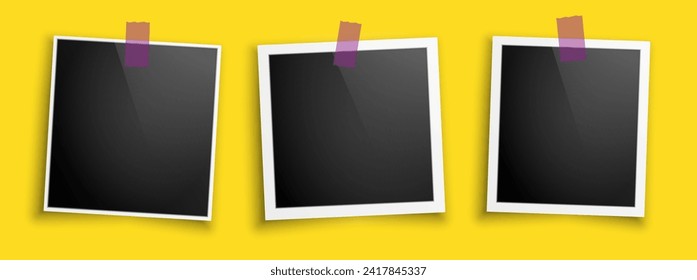 A set of three realistic Polaroid photo frame layouts with sticky tapes on a yellow background. A collection of vintage postcards. The layout of an empty photo frame with a shadow. Vector EPS 10.