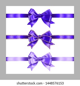 Set of three realistic purple silk ribbon bow with gold glitter shiny stripes, vector illustration elements isolated on white, for decoration, promotion, advetrisment,sale or celebration banner.