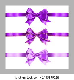 Set of three realistic purple violet silk ribbon bow with gold glitter shiny stripes, vector illustration elements isolated on white, for decoration, promotion,advetrisment,sale or celebration banner.